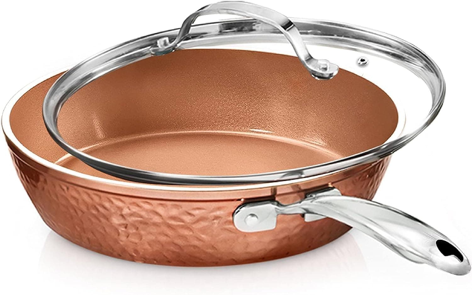 Hammered Copper 12 Inch Non Stick Frying Pans with Lid, Frying Pans Nonstick with Lid, Non Toxic Ceramic Pan for Cooking, Nonstick Frying Pan, Induction Pan, Oven and Dishwasher Safe