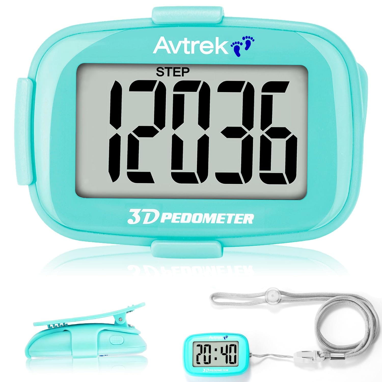 AVTrek Step Counter with Clip and Lanyard, 3D Pedometer with Time Display and LED Backlight, Simple Step Counter for Walking and Running, Men, Women, Elder