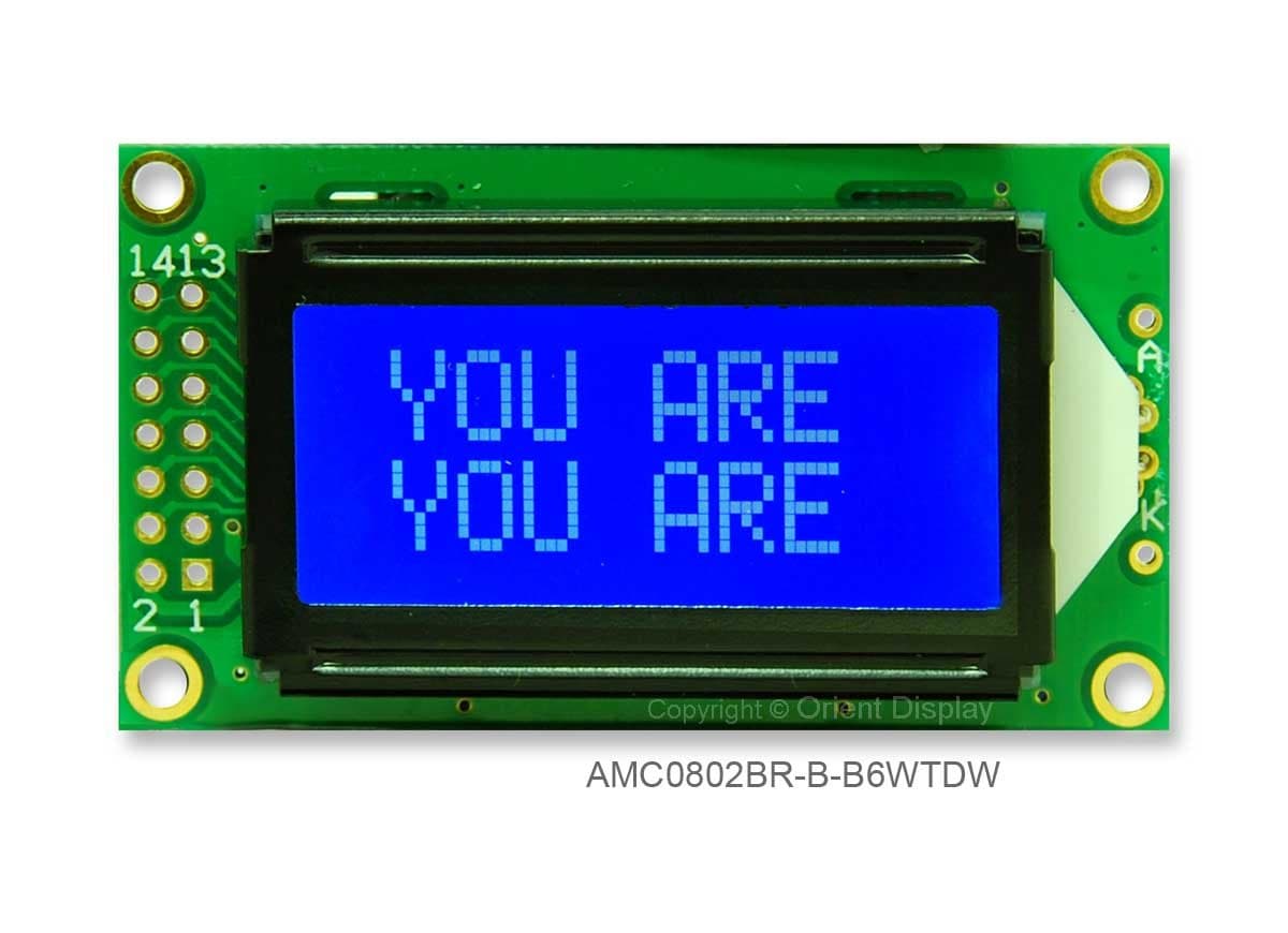 8x2 Character LCD Module White on Blue with White Backlight AMC0802BR-B-B6WTDW