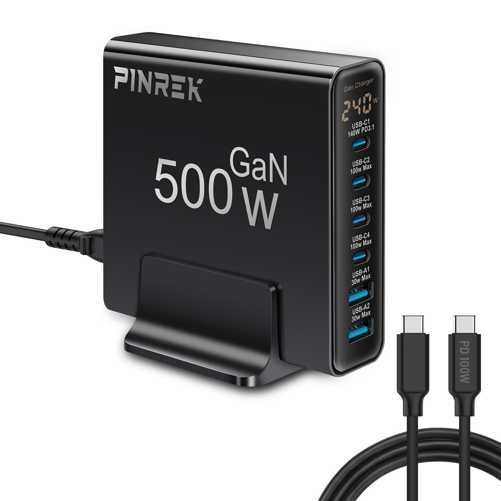 PINREK 500W 6-Port Charging Station, GaN III Fast USB C Wall Plug Charger with 140W PD - Universal Multi Port Desktop Type C Charger Adapter for Laptop, MacBook, iPhone, Samsung Galaxy, iPad