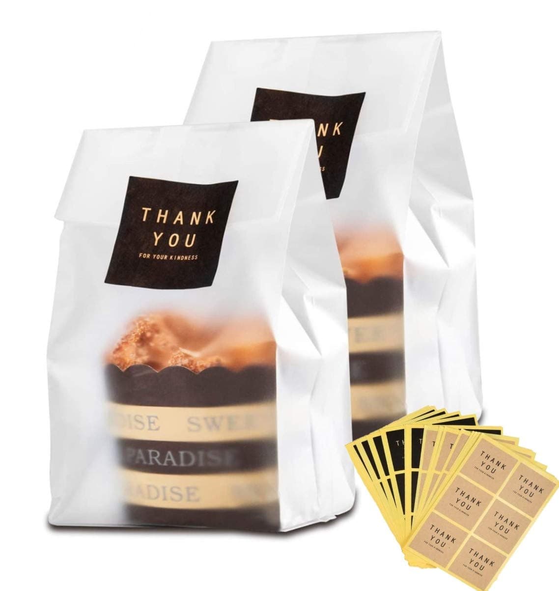 HEINTON 60Pcs Cookie Bags, 7 x 6cm Translucent Flat Cello Cellophane Treat Bags for Cake Chocolate Candy Snack Wrapping - with 10 Sheet Stickers,White