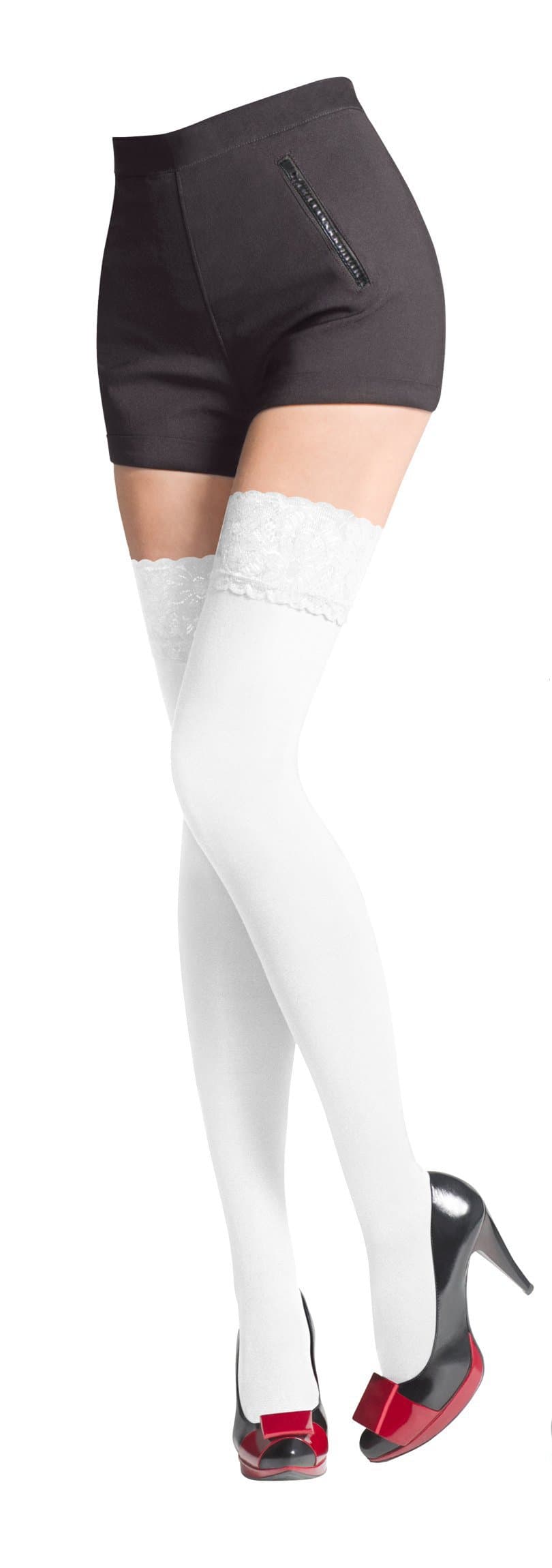 NEW Lace Top 80 Denier Sheer Hold-Ups Stockings 9 Various- Sizes S-XL (Large, White)