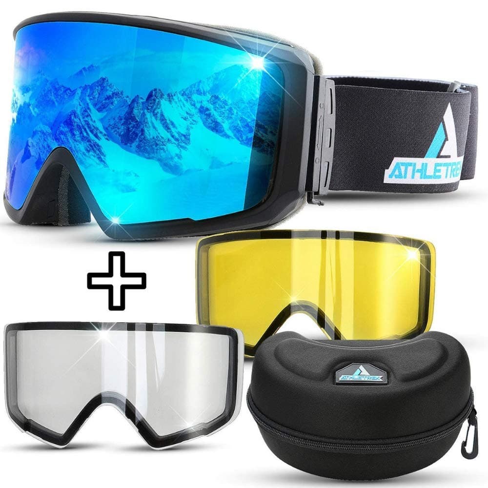 Athletrek Ski & Snowboard Goggles | 3 Unique Magnetic Fast Changing Lenses for All Weather Conditions | UV400 Protection OTG Wide Vision Spherical Anti-Fog Dual Lens | Anti-Slip Strap | Adult & Youth
