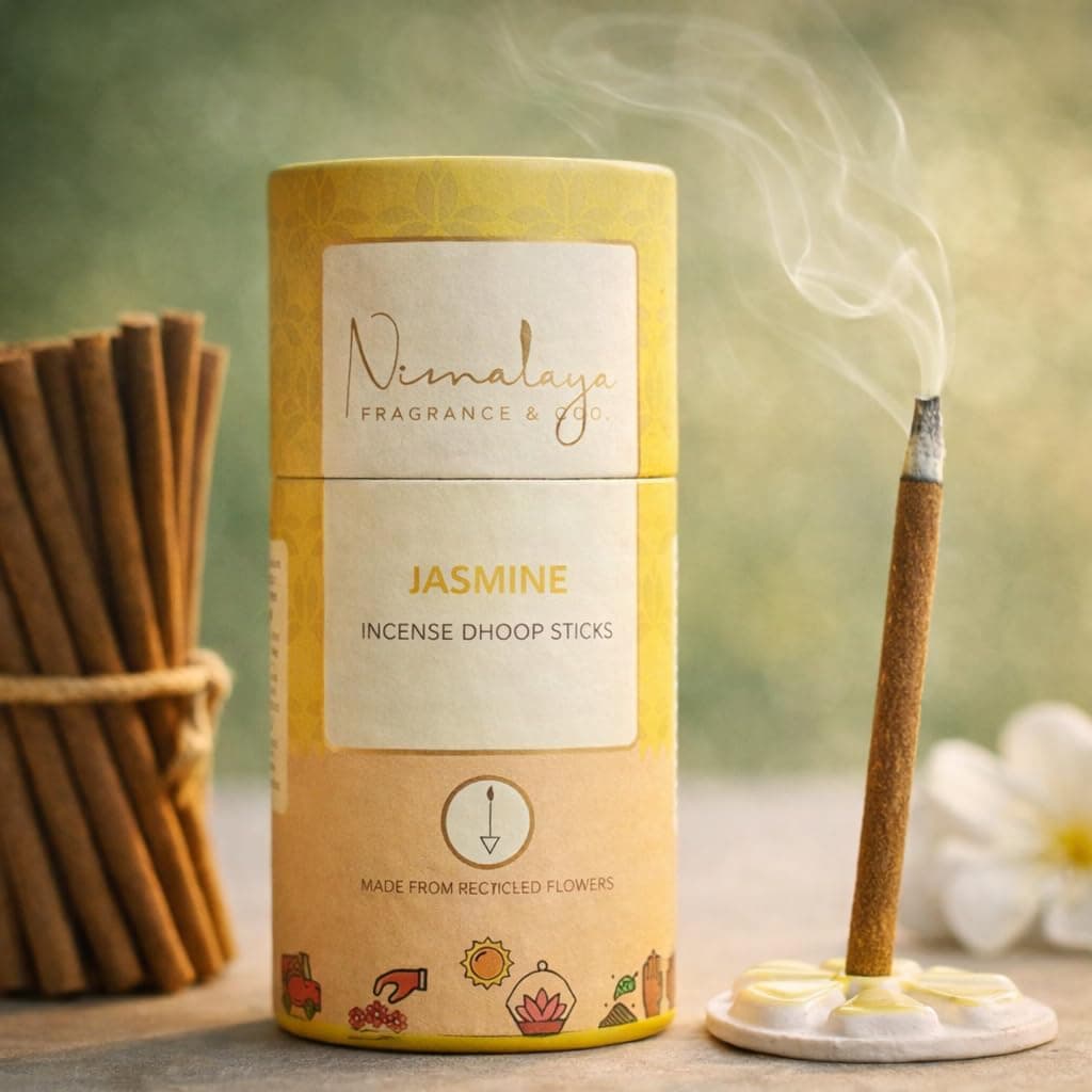 Nirmalaya Premium Jasmine Bamboo-Less Dhoop Sticks | 100% Natural Organic | 40 Sticks with Ceramic Stand | Long-Lasting and Soothing fragrances for Pooja, Meditation, Yoga and Aromatherapy