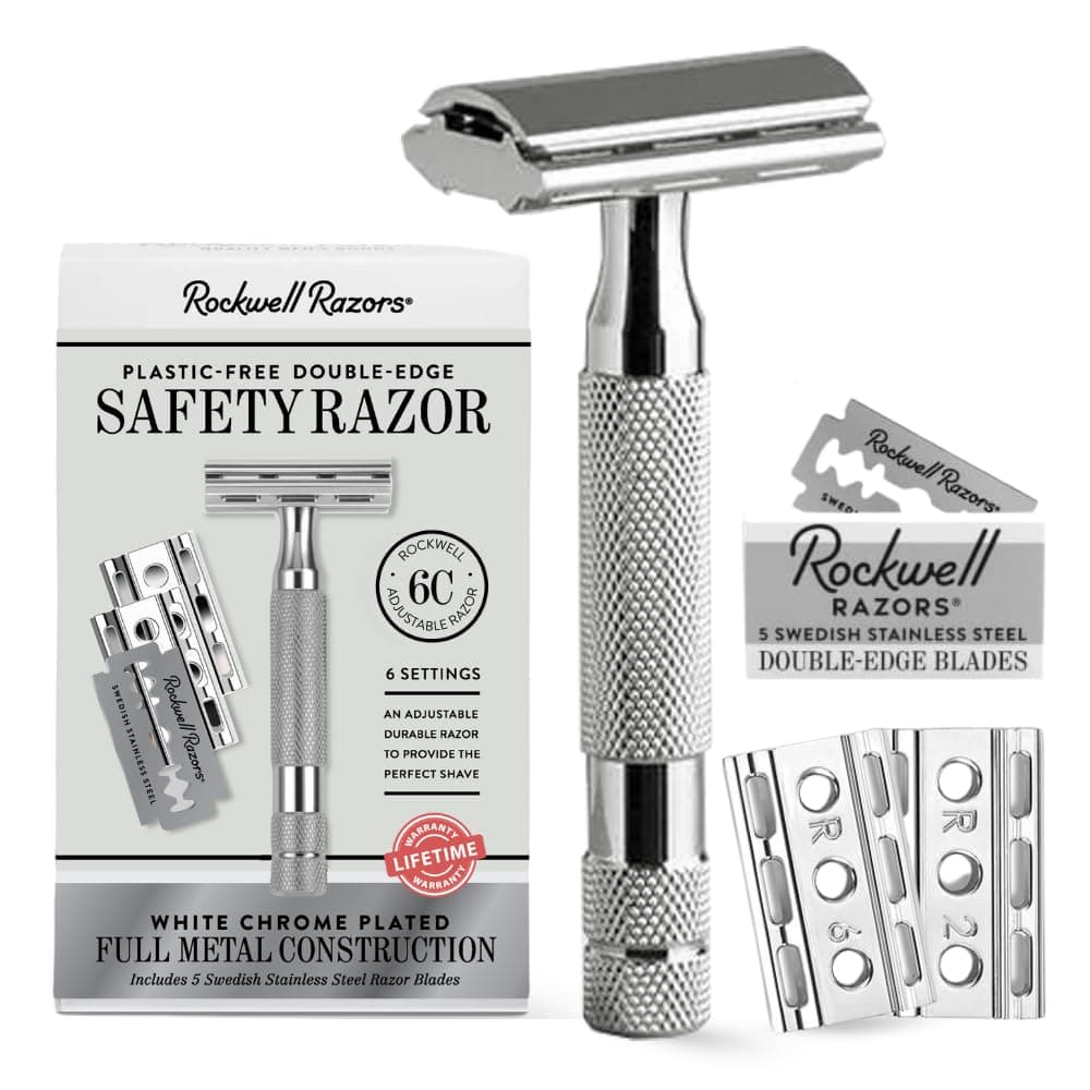 Rockwell Razors 6C Adjustable Double Edge Safety Razor in White Chrome 5 Swedish Stainless Steel Razor Blades