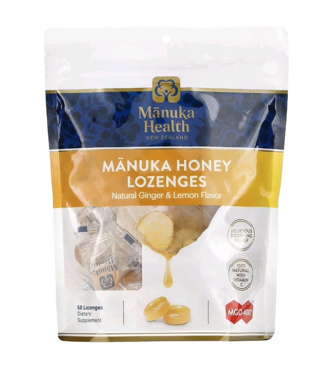 Manuka Honey Cough Drops – 58 Natural Lemon & Ginger Flavored Throat Lozenges Infused with Raw Manuka Honey and Vitamin C for Immune Support