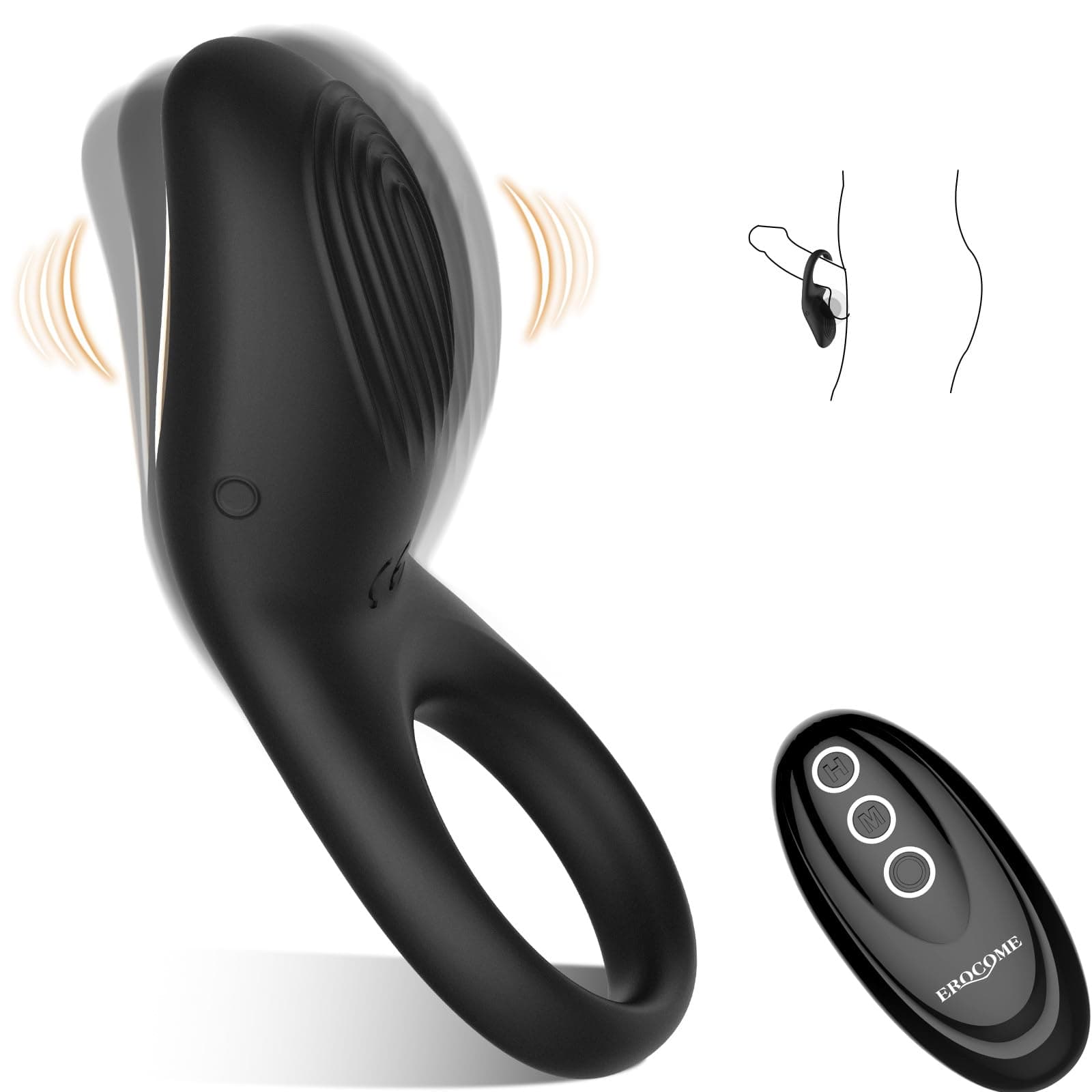 Full Silicone Vibrating Sagitta Remote Control Cock Ring - Waterproof Rechargeable Penis Ring Vibrator with 8 Modes - Sex Toy for Male or Couples (Black)