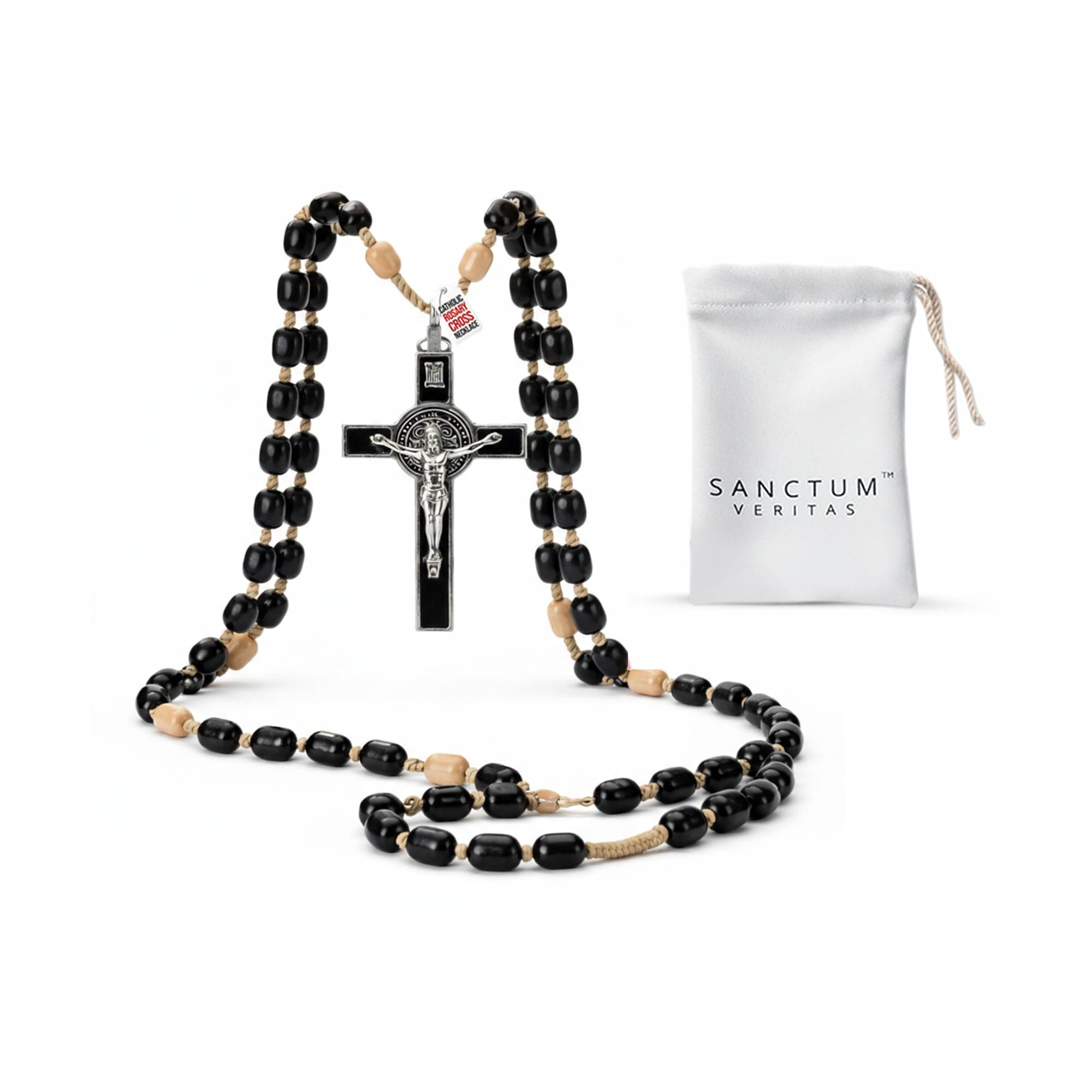 SANCTUM VERITAS Catholic Rosary Necklace | Large Bead Italian Rosary, Christian Prayer Beads for Car Mirror Decor, First Communion Religious Gift for Men and Women, Catholic Keepsake (Black Wood)