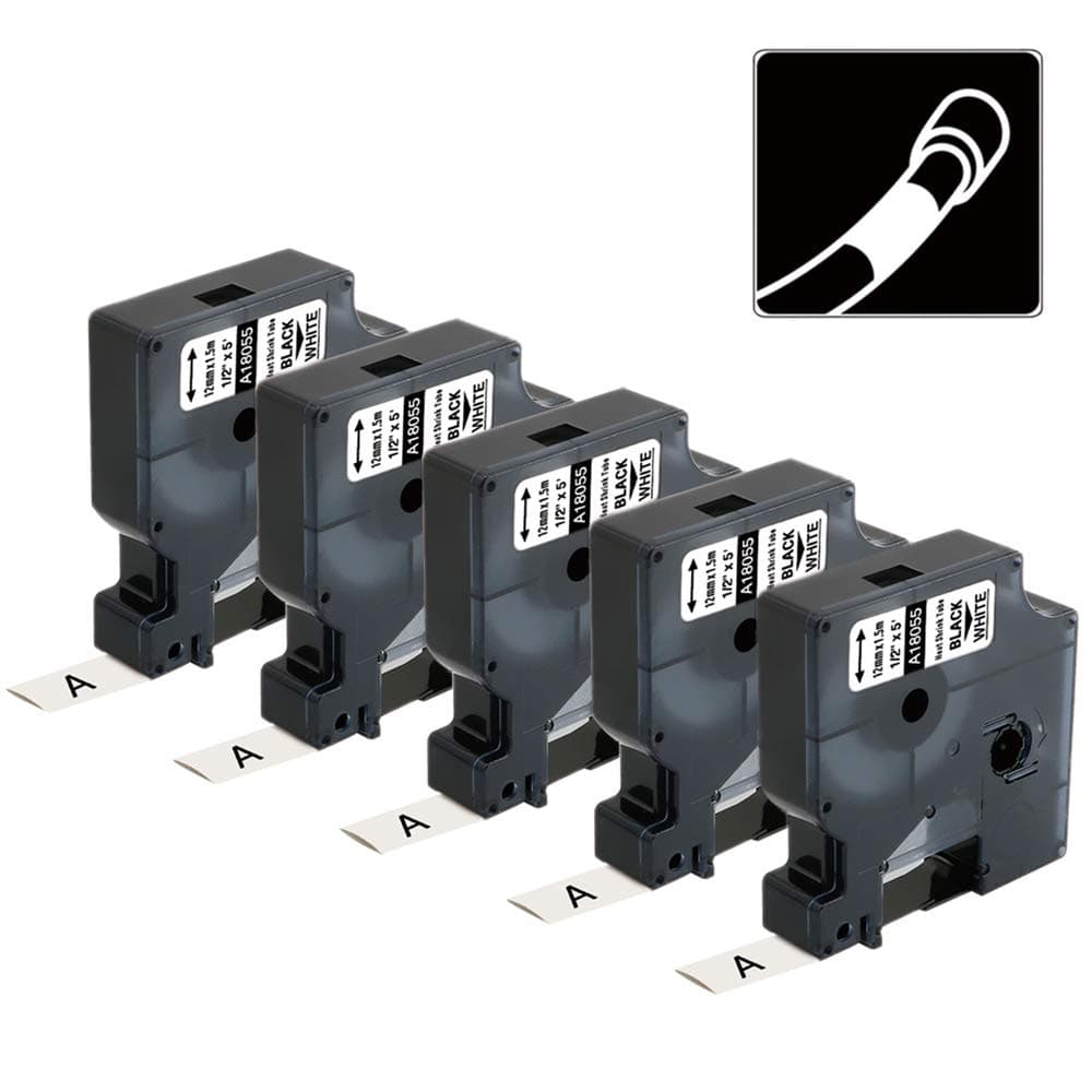 Aonomi Replacement for Dymo 18055 a18055 Rhino Heat Shrink Tube Labels, 1/2 Industrial Black on White Label Tape, Work with DYMO Rhino 4200, 5200, 5000 Label Makers, 1/2" x 4.9'(12mm x 1.5m), 5-Pack