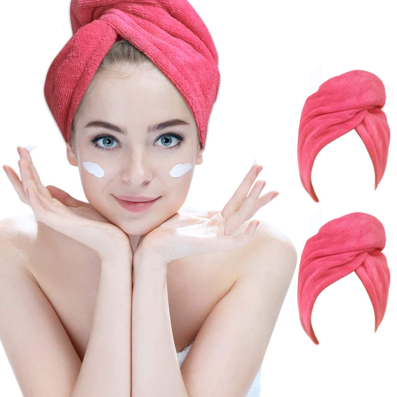 Microfiber Towels Hair Turban Wraps 2 Pack Quick Dry Hair Towel Travel Hooded Cap Super Absorbent Hair Drying Towel Twist Turbans (ROSEO/ROSEO)