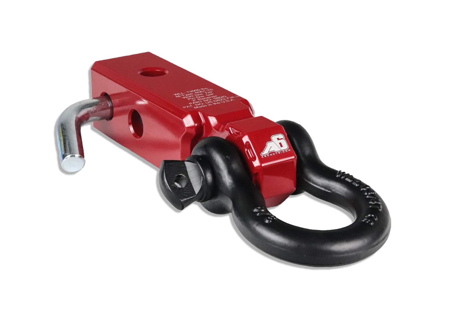 AGENCY 6 Recovery Shackle Block Assembly 2 INCH Double Hole Powder Coat RED - Hitch Receiver Block - Proudly Made in The USA with US Certified Materials - Includes Hitch pin and D-Ring