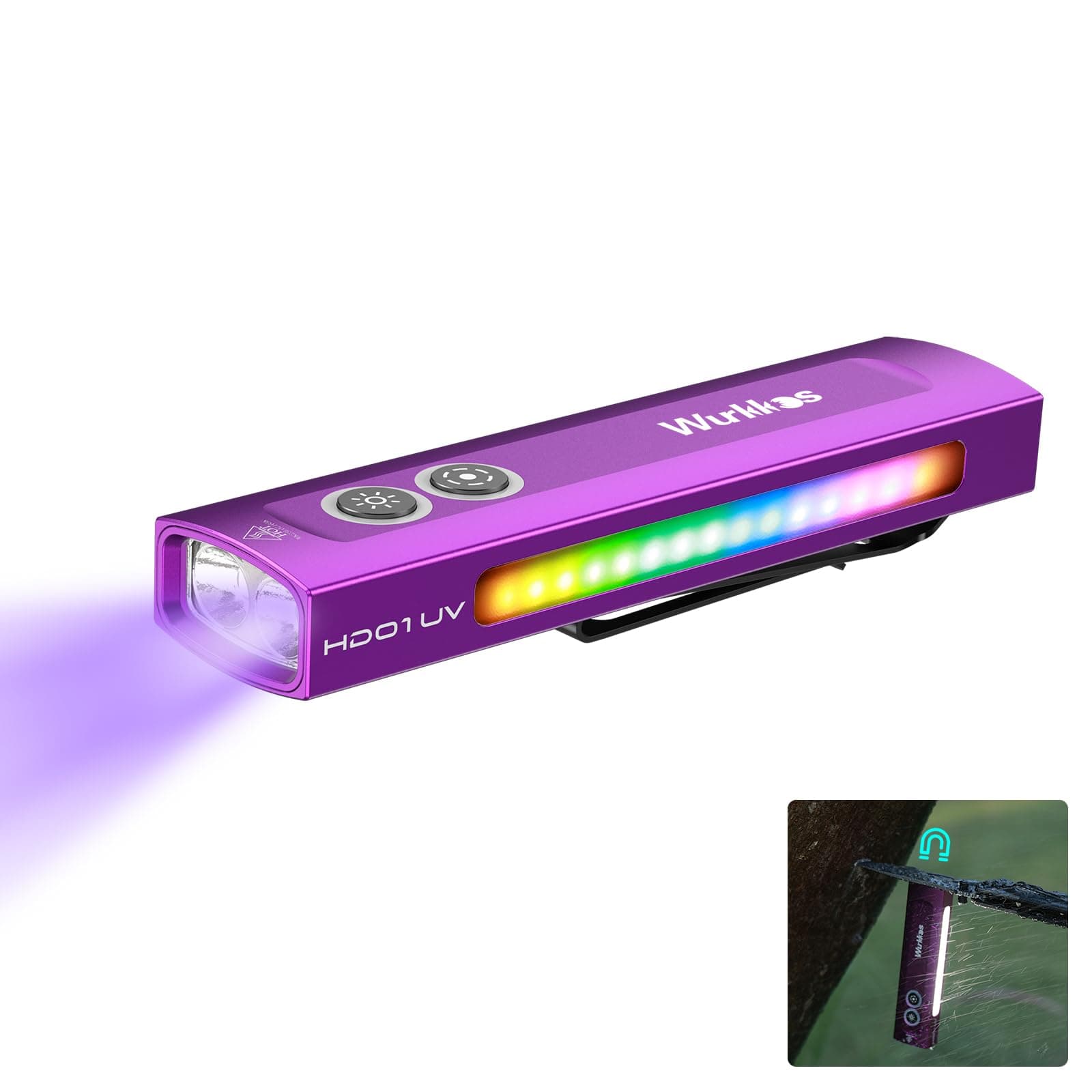 Wurkkos HD01 UV Flashlight, Rechargeable EDC Flashlight, Led Flashlight with 365nm UV Light, 1200 Lumens Flat Flashlight with RGB, Pocket Light for Emergency, Pet Urine Detection(Purple)