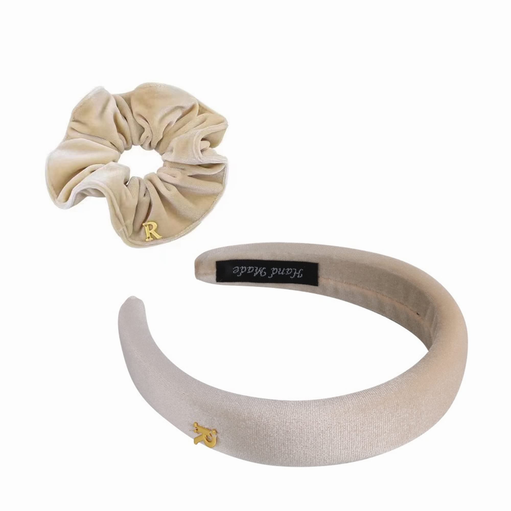 Fashion Headbands for Women Padded Fabric Hair Bands Wide Velvet Non Slip Headband Hair Accessories for Women Girls (Khaki)