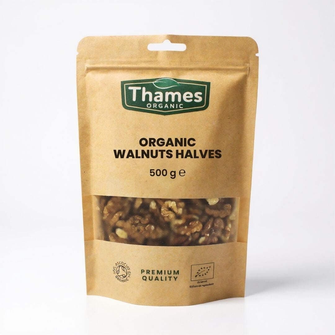Organic Walnuts Halves 500g - High Fibre, High Protein, Raw, Vegan, GMO Free, Certified Organic, No Additives or Preservatives - Perfect for Snacking or Baking - Thames Organic