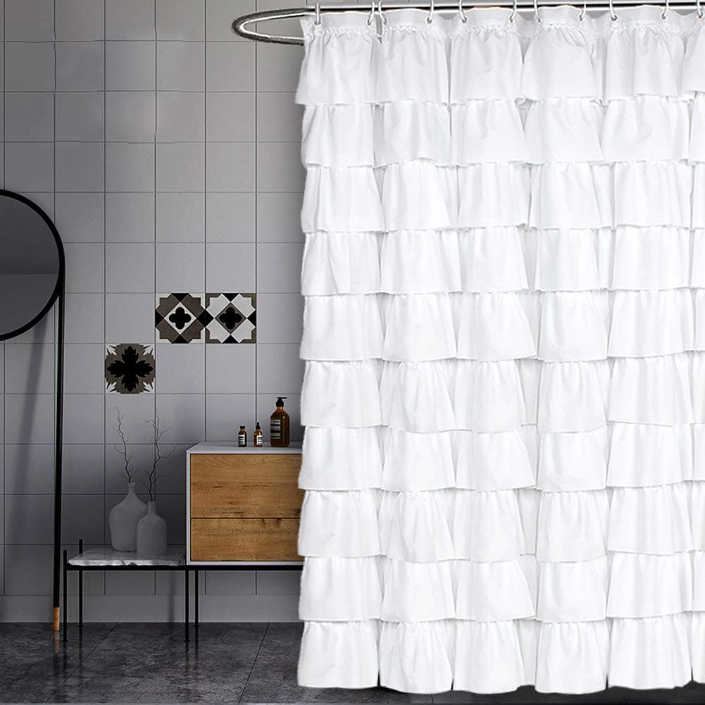 Volens White Shower Curtain Fabric/Ruffle for Bathroom,72in Long