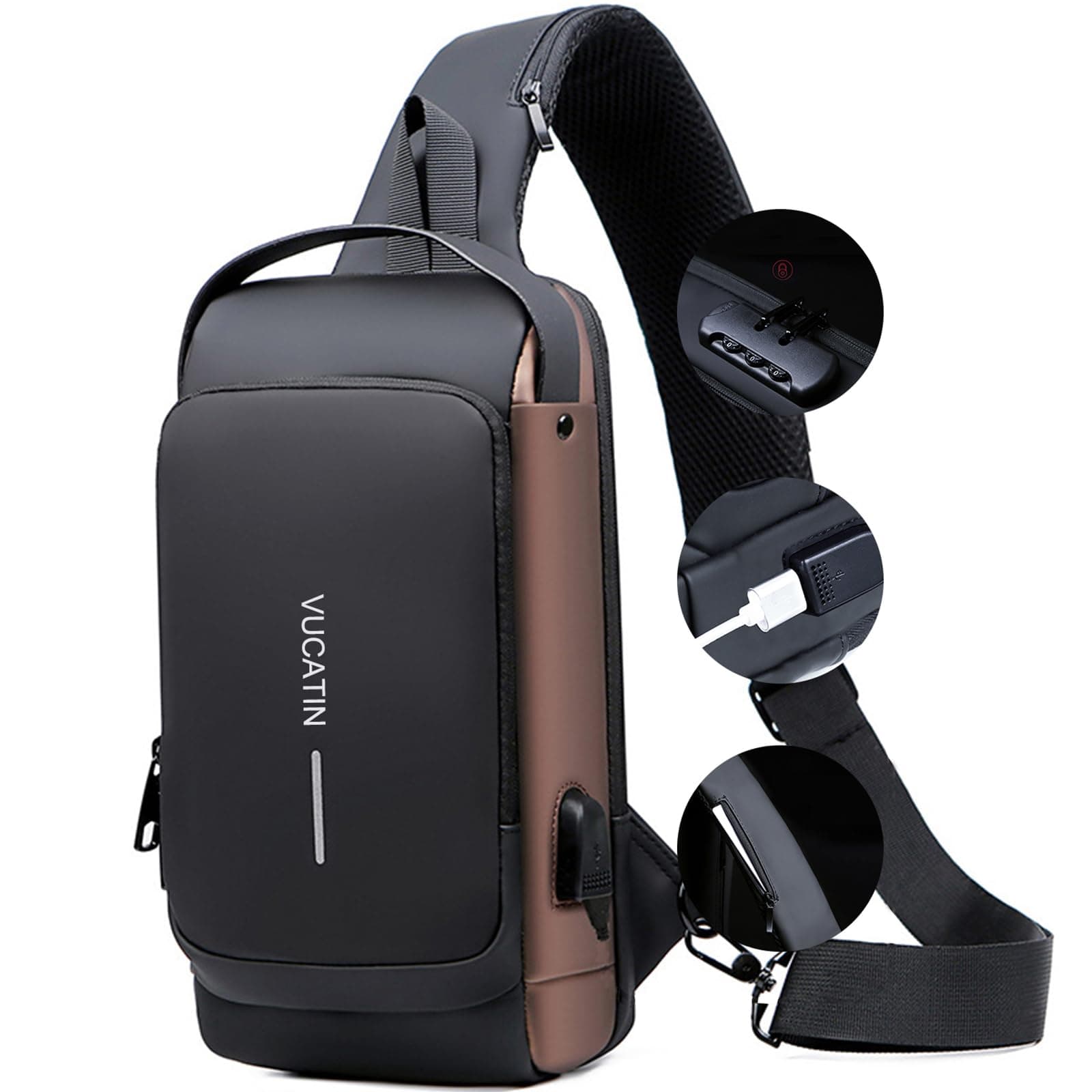 Crossbody Sling Bag, VUCATIN Body Chest Shoulder Bag for Men Women Casual Shoulder Backpack Bag, Waterproof Leather Chest Casual Daypack with Usb Charging Port for Travel Hiking