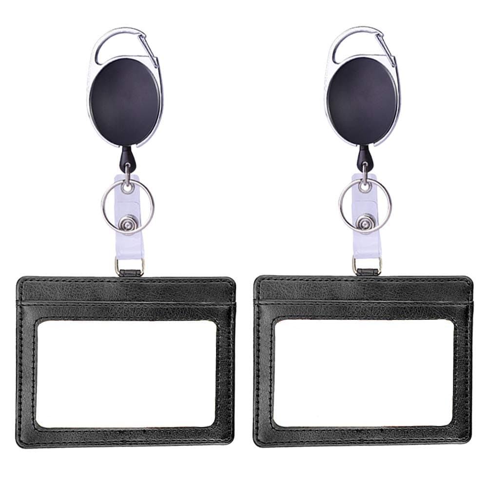 Badge Id Holder Retractable Horizontal Id Card Holder with Extendable Keychain PU Leather Double Sided Id Card 3 Card Slots for Staff (Horizontal Badge holde, 3.9 * 3.1 inch)