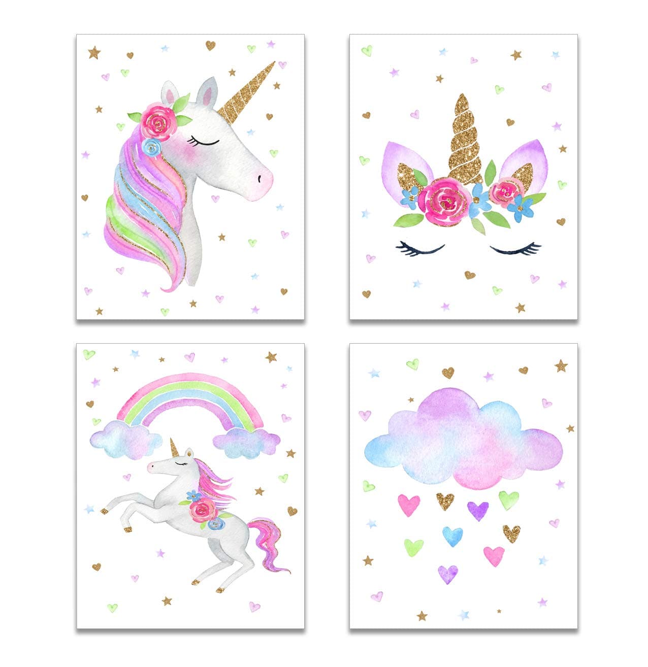 ANBER Cute Unicorn Wall Posters Rainbow Unicorn Canvas Wall Art Prints Painting Decoration for Kids Bedroom Nursery Wall Décor,Set of 4 Unframed