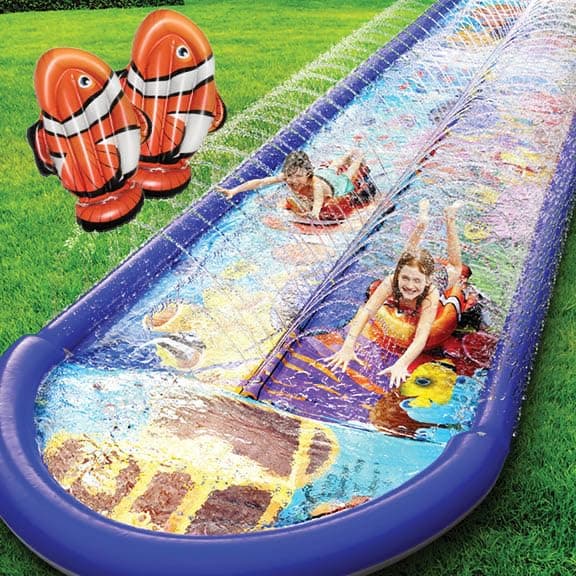 Undersea Water Dual Slip and Slide - 18 Feet X 5 Feet Slip N Slide with Splash Pad and Sprinkler, Water Slide with Inflatable Body Boards - Kids Water Fun Multi
