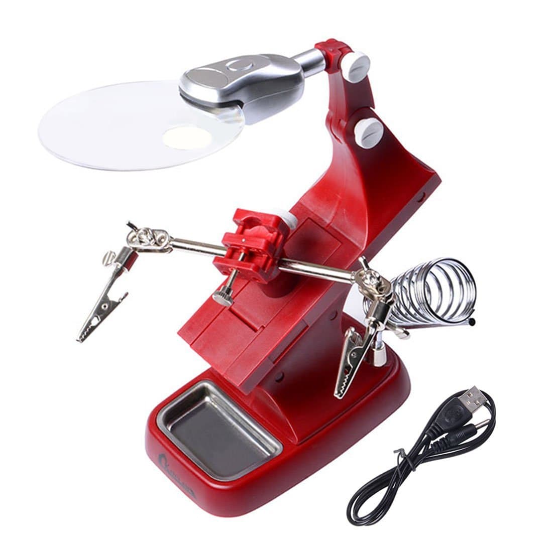Kitclan LED Light Helping Hands Solder Magnifier Station-Desktop Magnifier with 360-Degree Roating Lens, 3X 4.5X Illuminated with Clamp and Alligator Clips Free Bench Magnifier, Powered by USB/Battery