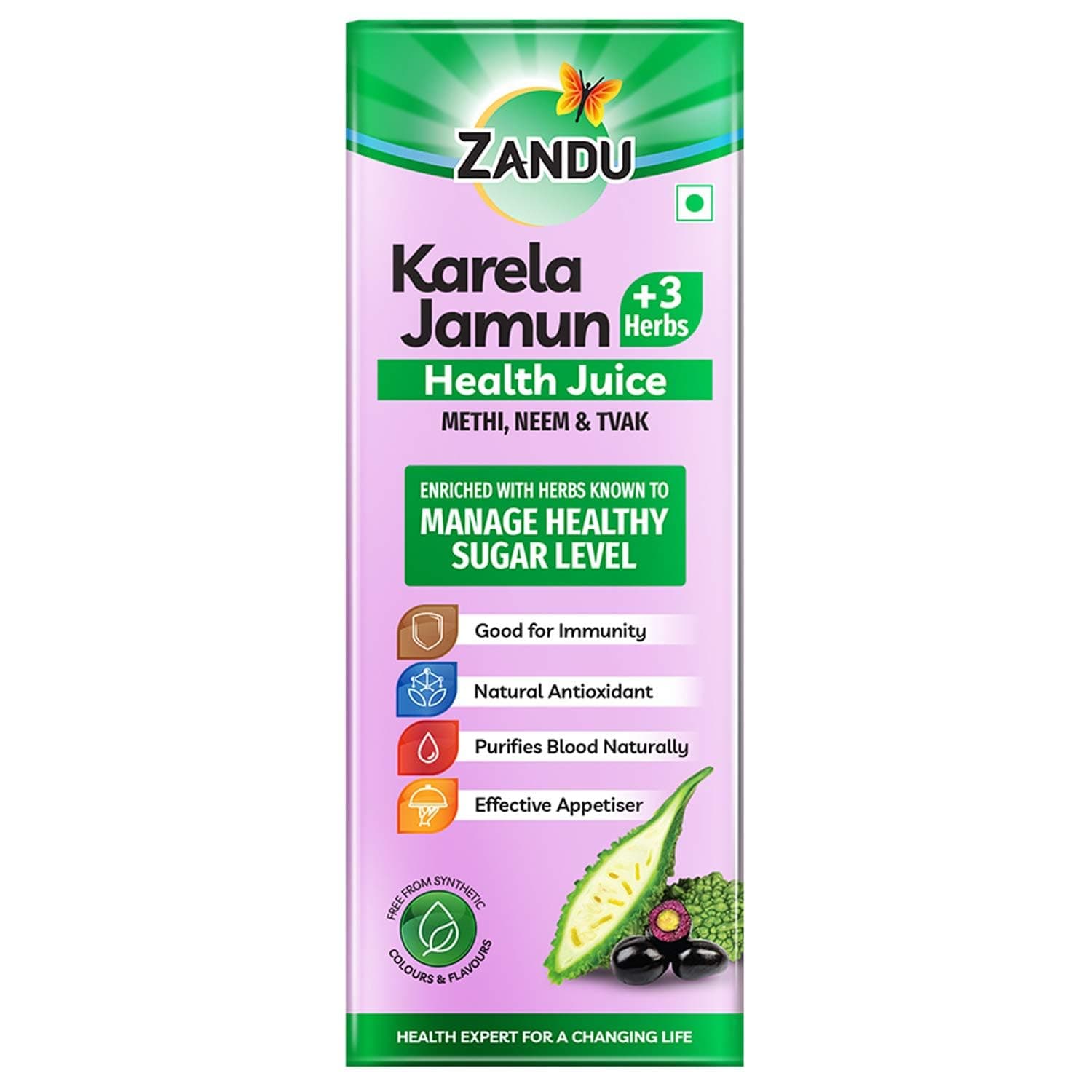 Zandu Karela Jamun Juice, 1 Litre, Controls Blood Glucose, Diabetes Care with 3 Additional Herbs Methi, Neem and Tvak, No Added Sugar or Flavours