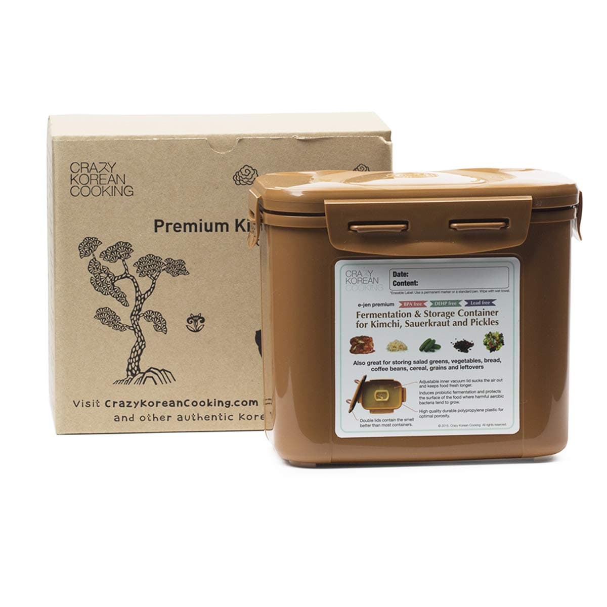 Crazy Korean Cooking Premium Kimchi, Sauerkraut Fermentation and Storage Container with Inner Vacuum Lid, Sandy Brown, 0.9 gallon (3.4 L) (0.9 Gal (3.4L) - 1 PACK), CKC-FSC-3.4L