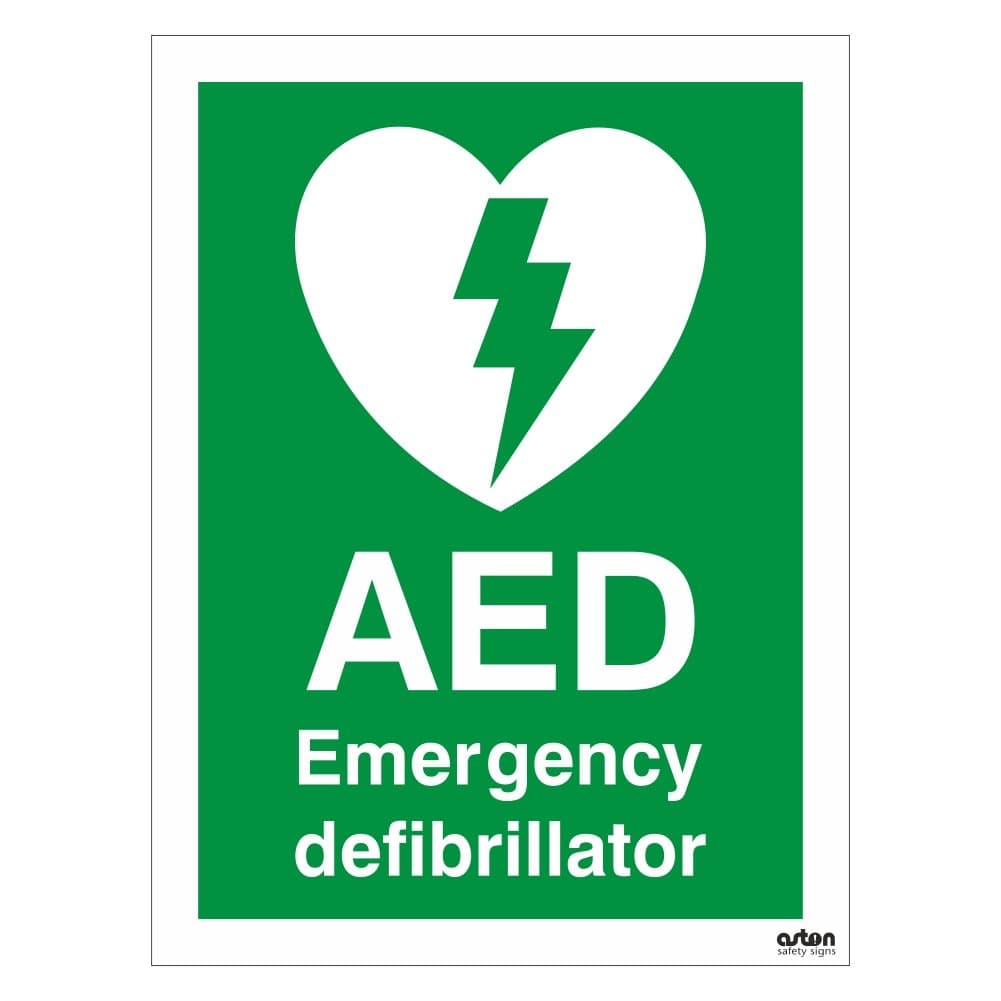 AED, Emergency Defibrillator, first aid sign. 150mm x 200mm (1mm Thick Rigid Plastic)