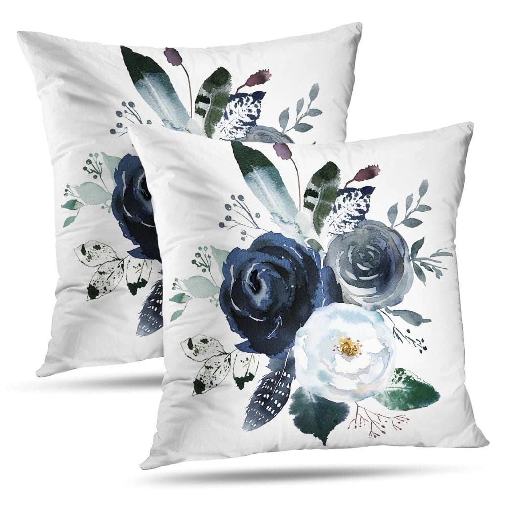GALMAXS7 Decorative Throw Pillow Covers Farmhouse Velvet Pillow Covers Watercolor Floral Wreath Roses Peonies Leaves Boho Grey Navy White Indigo Blue Cushion Covers Sofa Bed Décor 18X18 inch Set of 2