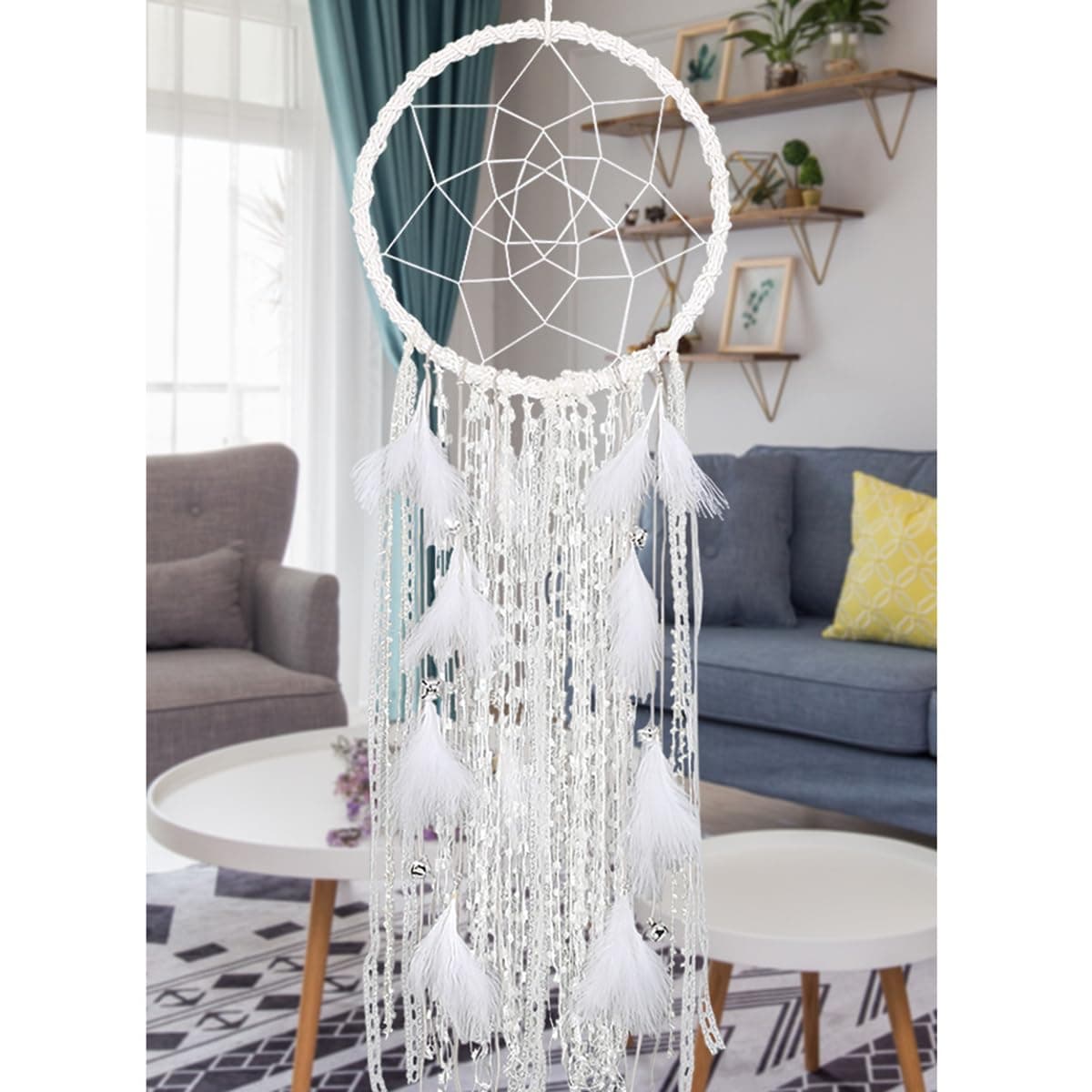 Alynsehom Extra Large Dream Catcher Kids Wall Hanging Decoration Handmade White Feather Boho Big Dreamcatchers with Bells Wedding Dream Catchers Bedroom Craft Ornament Gift (Dia 12", Length 41")