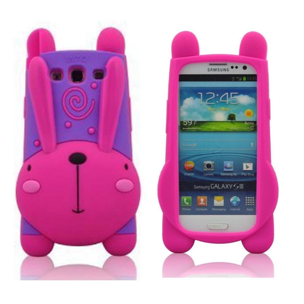 FJX 3D Lovely Rabbit With Morning Glory Horn Style Bracket Design Hybrid Soft Silicone Case Cover Compatible for Samsung Galaxy S3 I9300(Hot Pink/Purple)