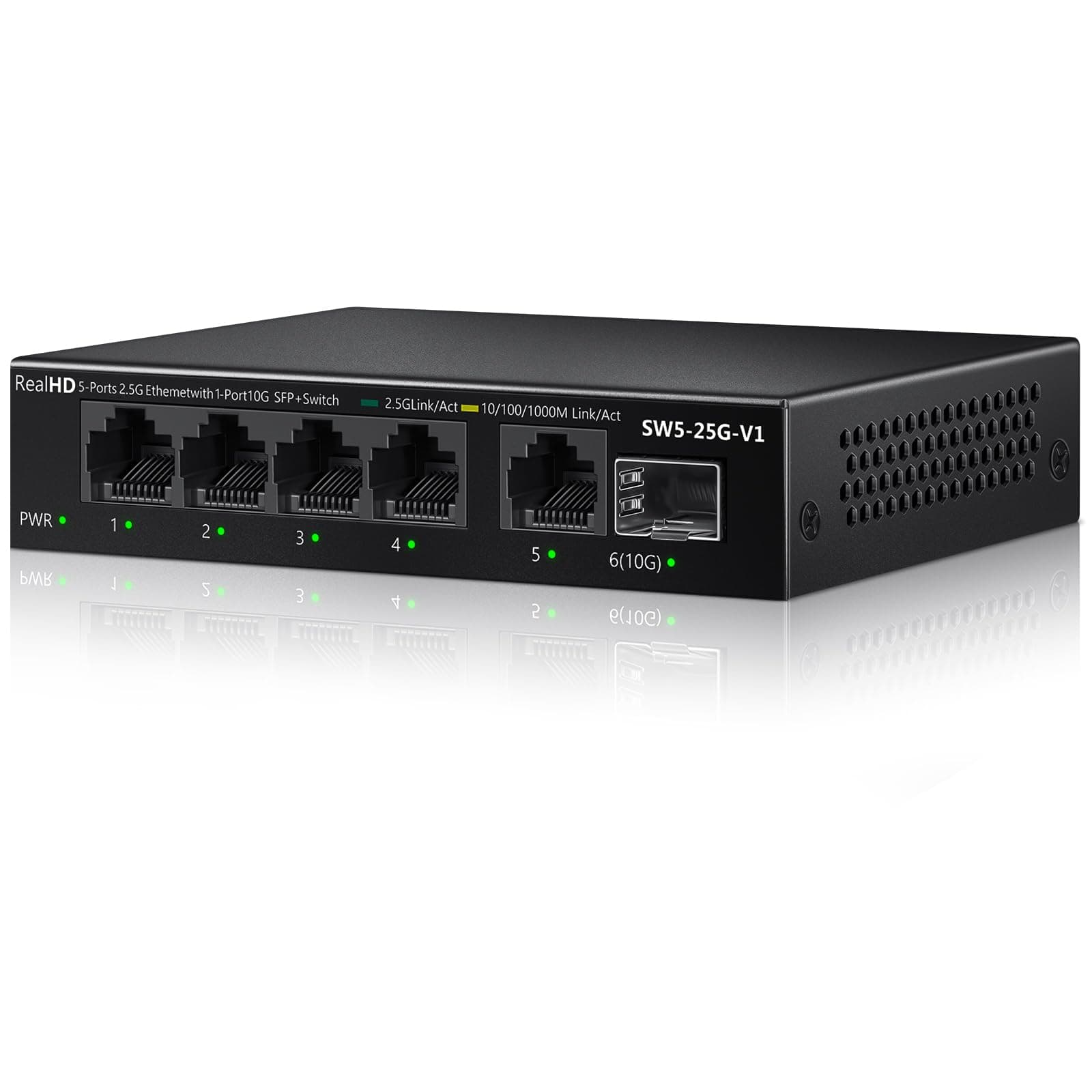 5 Ports 2.5GB Ethernet Switch Unmanaged Network Switch | 5 x 2.5 Gigabit | 1 x 10G SFP+ | Multi-Giging Switch Works at 10-100-1000Mbps | 45G Bandwidth | Plug and Play | Fanless Quiet Metal Internet