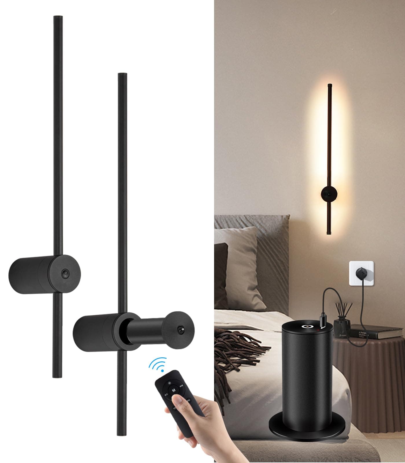 Battery Operated Wall Sconce Set of Two, USB Rechargeable LED Wall Lights with Remote Control, Dimmable Cordless Wall Lamp Indoor, 360° Rotation Reading Lamp for Living Room, Bedroom, Black - 23.62in