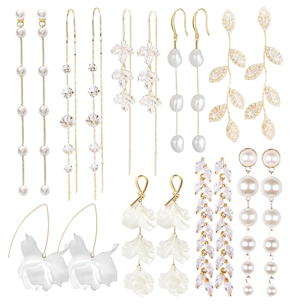 9 Pairs Long Tassel Dangle Earrings for Women Sparkling CZ Threader Drop Earrings Chain Olive Leaf Wedding Bridal Earrings Set