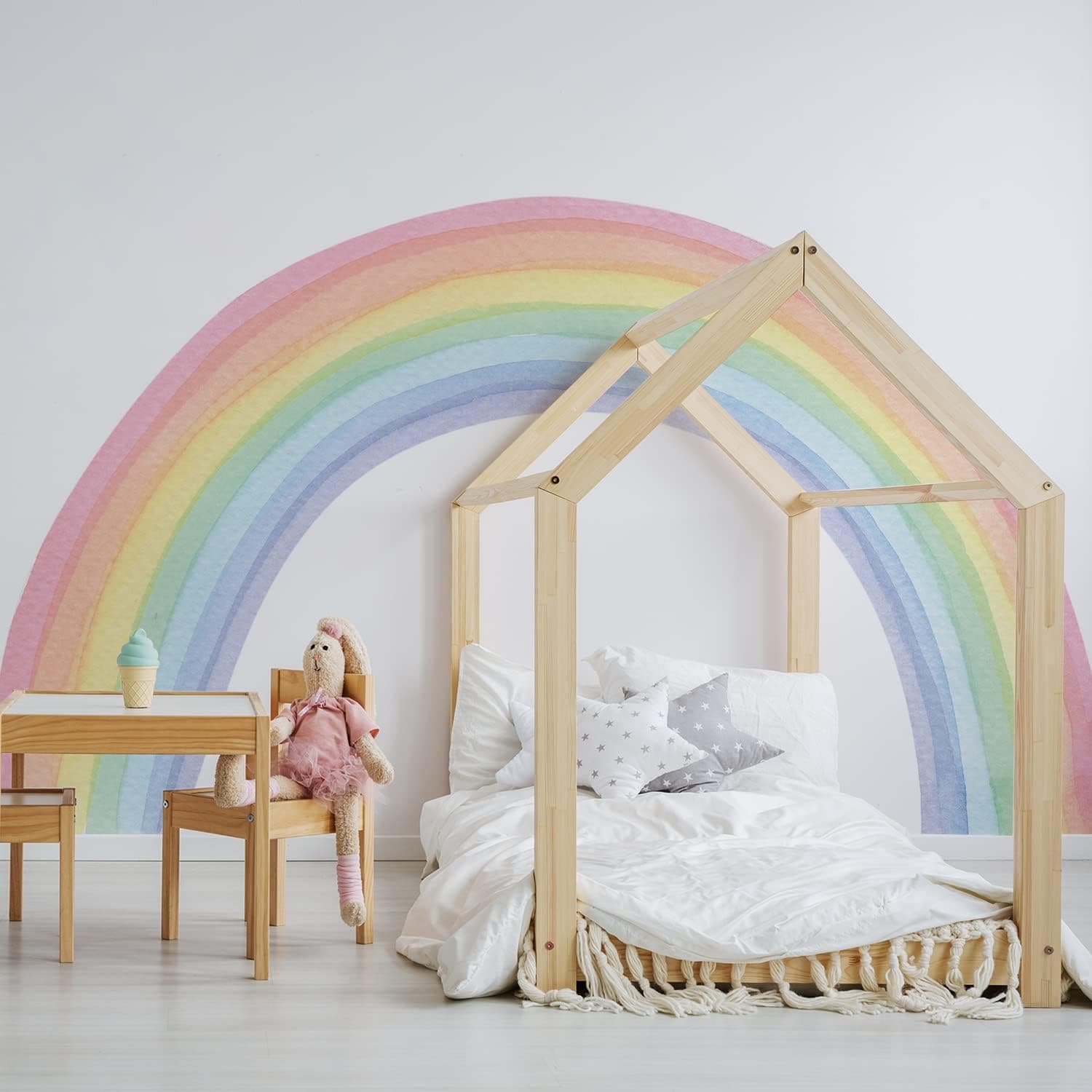 funlife Fabric Large Rainbow Wall Mural Stickers Peel and Stick, Precut Giant Vibrant Watercolor Rainbow Wall Sticker Decals for Girls Bedroom Kids Nursery Room Playroom, 94.49" x 55.12"