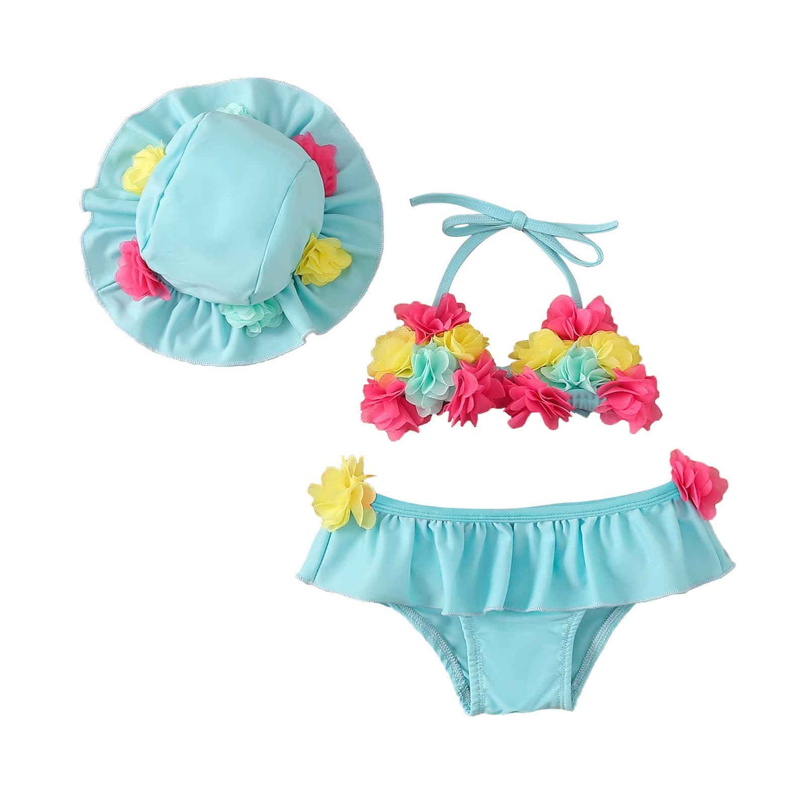 YccutestInfant Baby Girl Flower Swimsuit 3Pcs Halter Triangle Tops Ruffle Bottoms Sun Hat Bikini Set Bathing Suit Swimwear