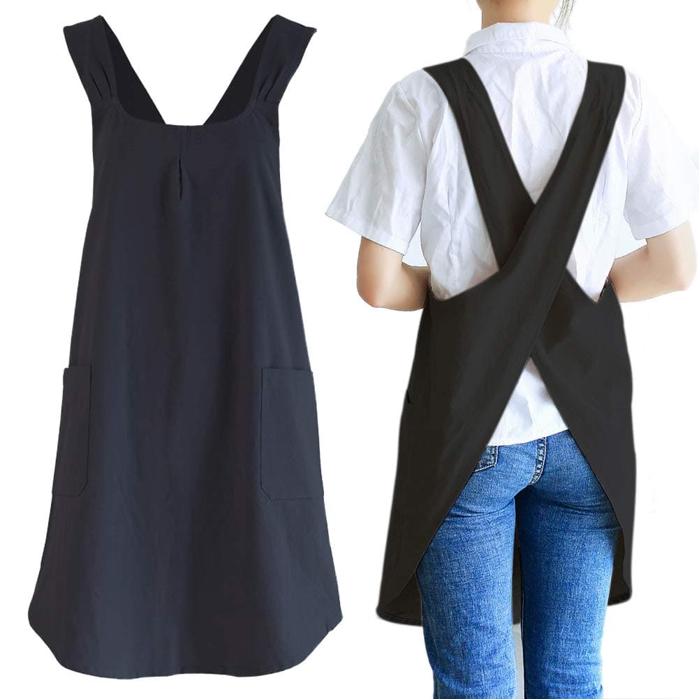 NEWGEMNEWGEM Japanese Linen Cross Back Cooking Aprons for Women Men with Pockets Cute for Baking Kitchen