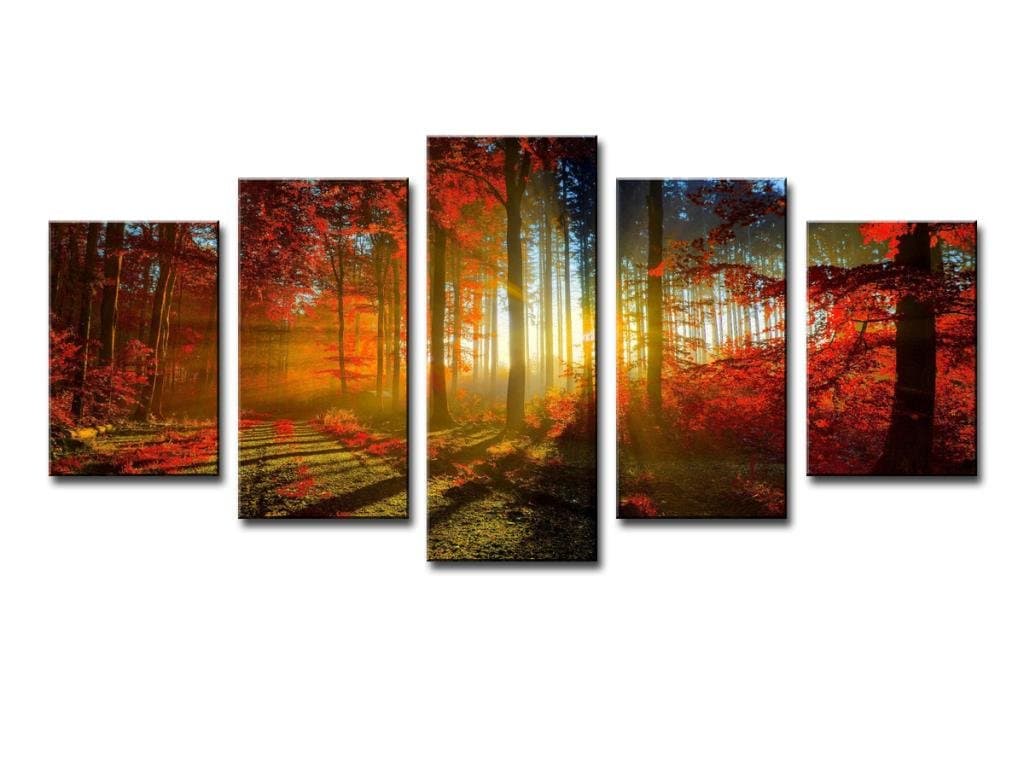 Heart Sea Art H734 Canvas Print for Home Decoration, Framed, Stretched and Ready to Hang - 5 Panels Sunrise Forest Painting Wall Art - 8"x12"x2pcs +8"x16"x2pcs +8"x20"x1pcs, High Definition