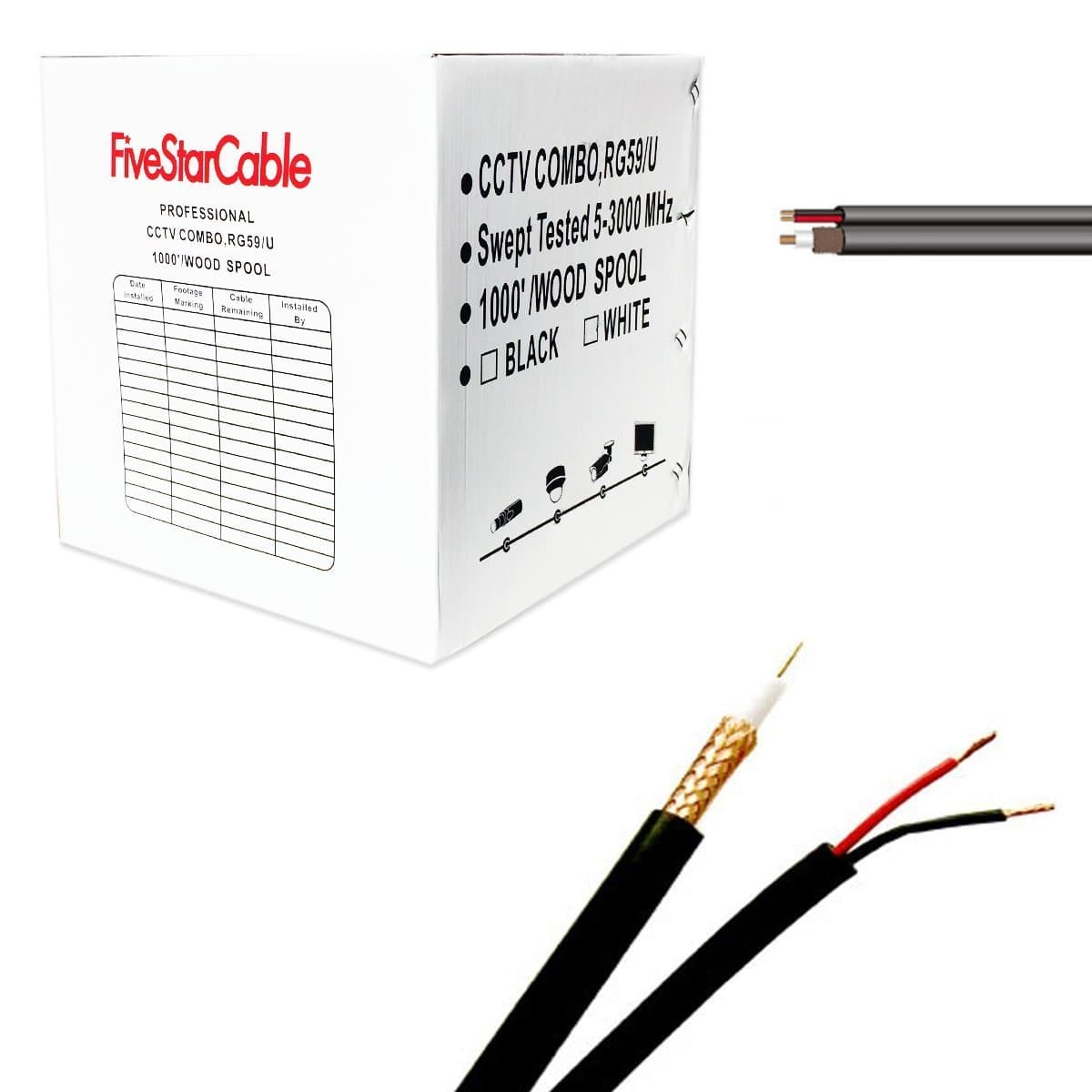 RG59 1000 ft. Siamese Coaxial CCTV - Combo 20 AWG RG59 Video + 18/2 18AWG Power Cable Color Black