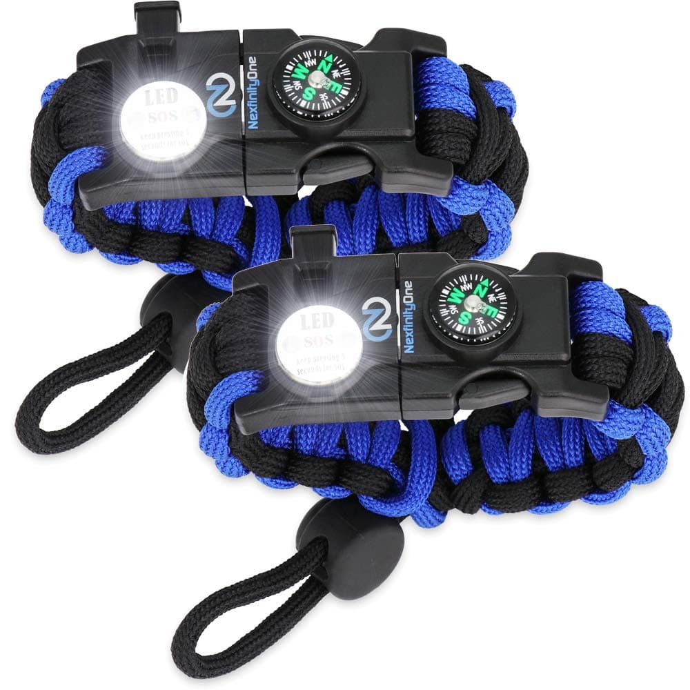 Survival Paracord Bracelet - Tactical Emergency Gear Kit with SOS LED Light, 550 Grade, Adjustable, Multitools, Fire Starter, Compass, and Whistle - Set of 2