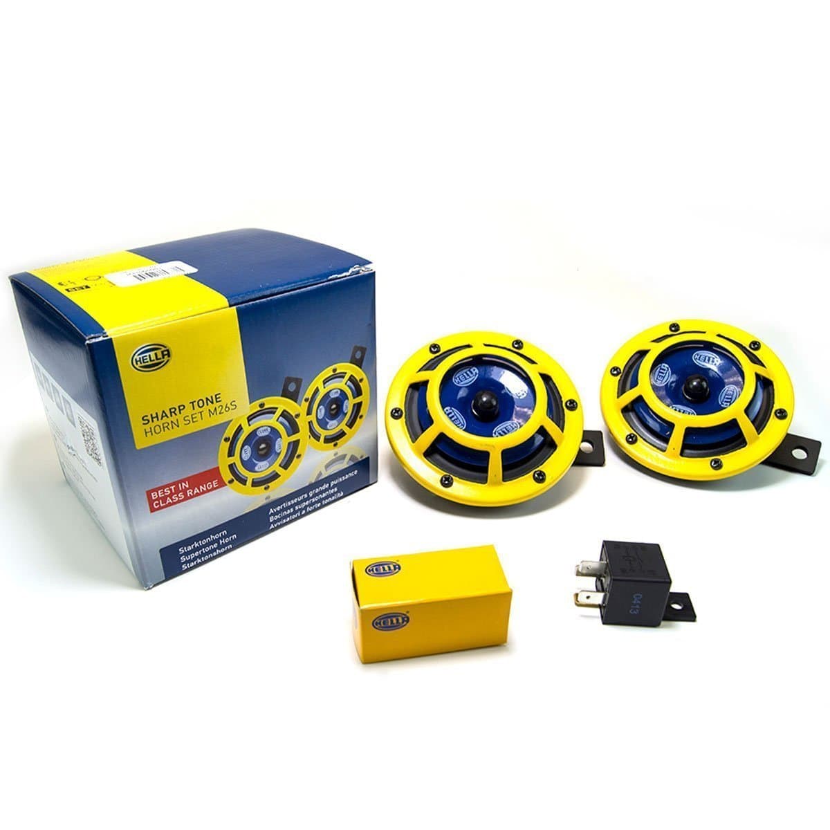 H31000001 Sharptone 12V High Tone / Low Tone Twin Horn Kit With Yellow Protective Grill, Includes Relay, 2 Horns,Yellow/Set
