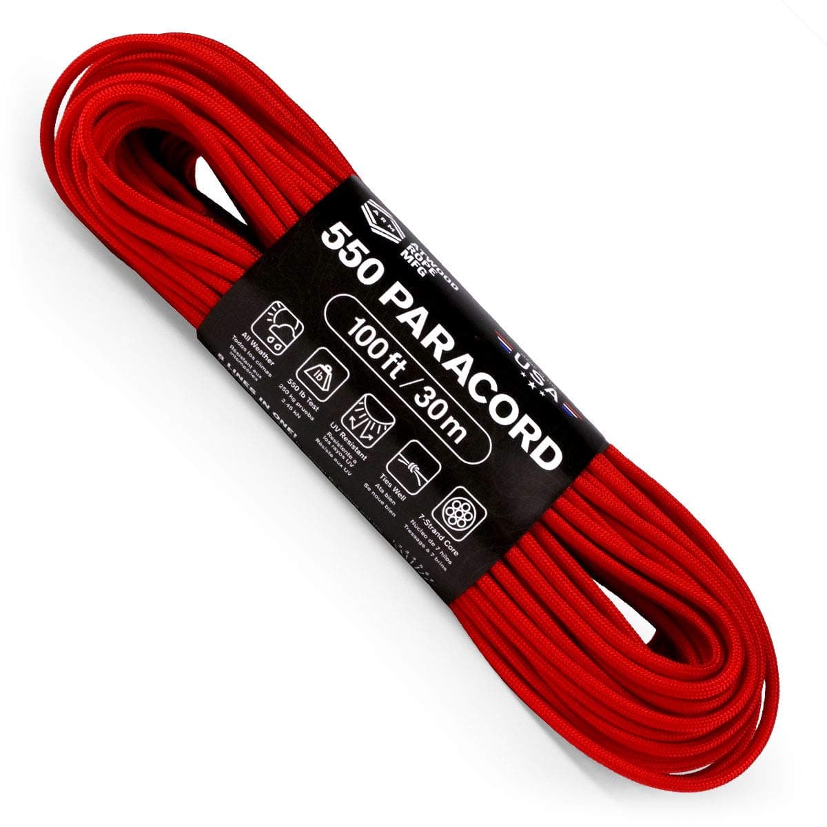 550 Paracord 100 Feet 7-Strand Core Nylon Parachute Cord Outside Survival Gear Made in USA | Lanyards, Bracelets, Handle Wraps, Keychain (Red)