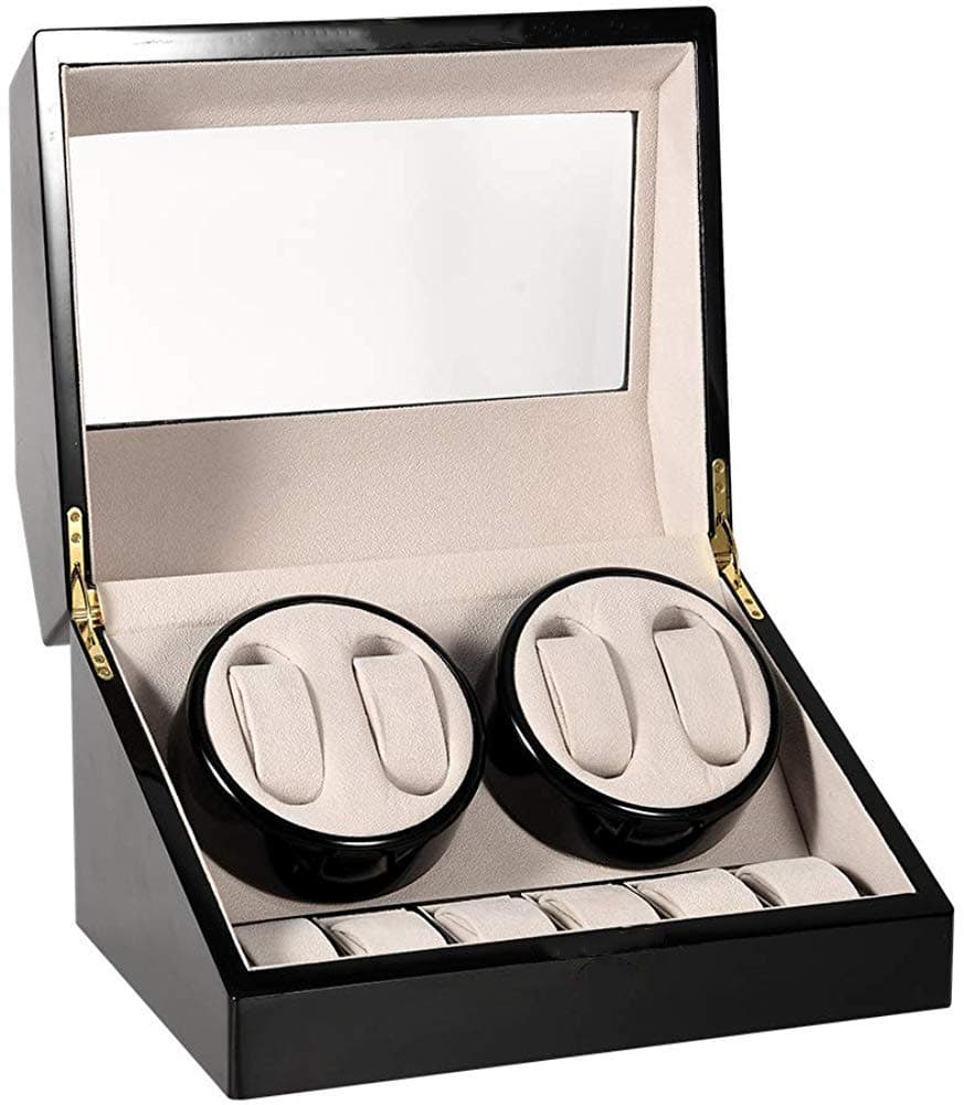 HEZALA Automatic Double Watch Winder with Quiet Mabuchi Motor for Men, 4+6 Watches Storage Box Case for Rolex, Wood Shell Piano Paint Exterior, Soft and Flexible Watch Pillows