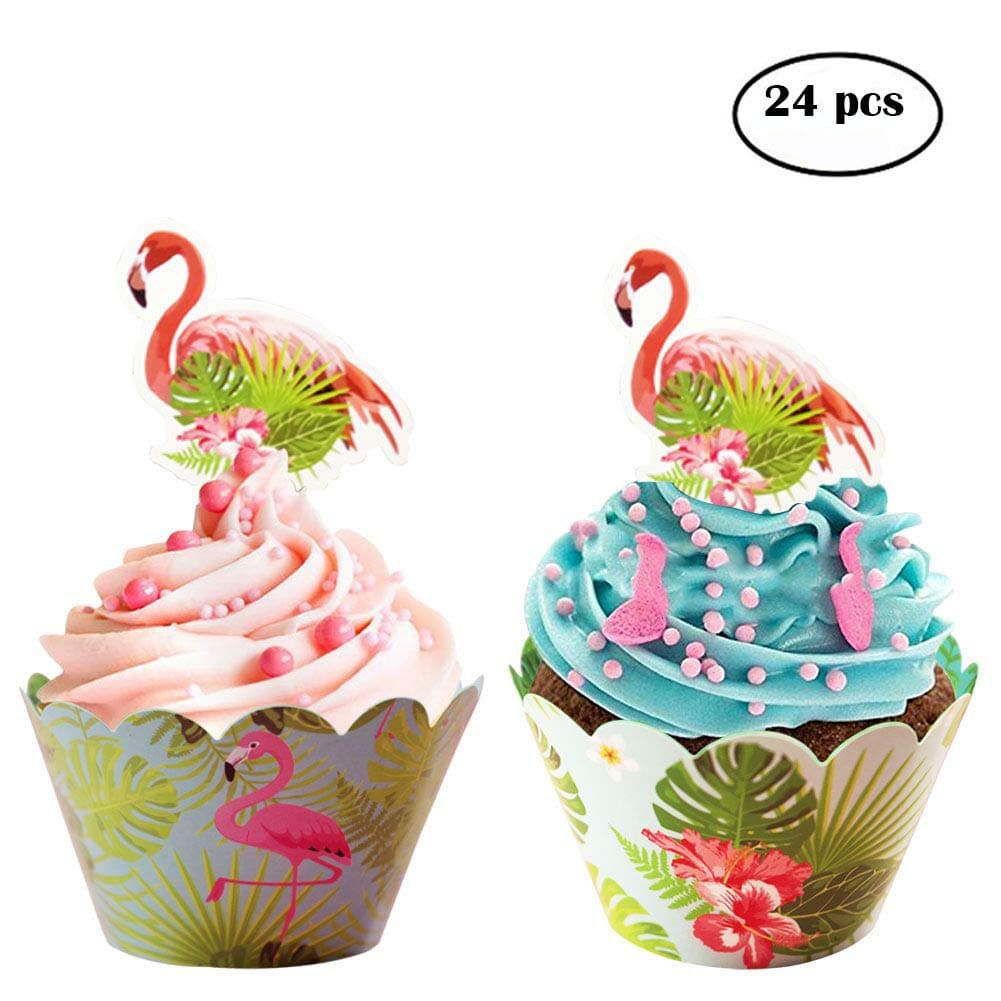 24pcs Flamingo Double Sided Paper Cupcake Wrappers + 24pcs Flamingo Cupcake Toppers for Kids Party Cupcake Decorations