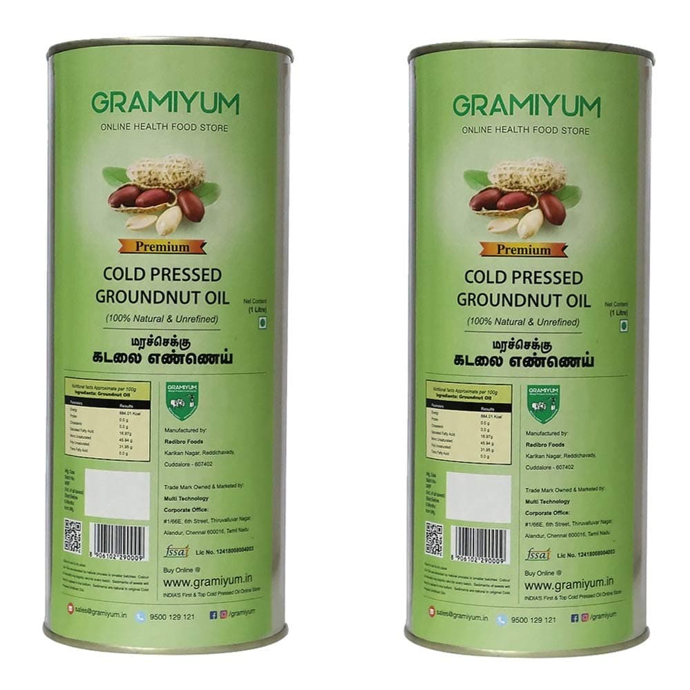 Gramiyum Cold Pressed / Wood Pressed Groundnut Oil 1 Litre X 2 Packs