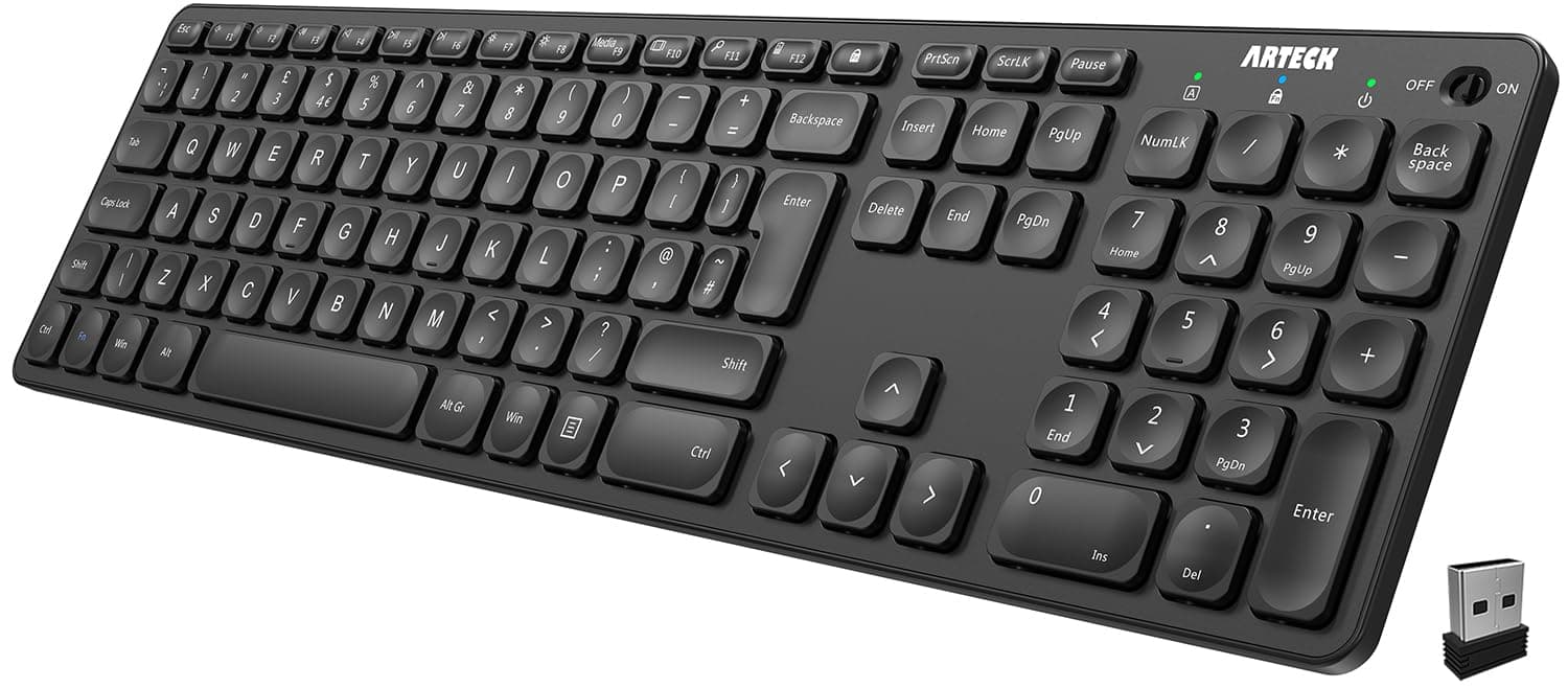2.4G Wireless Keyboard Ultra Slim Full Size Keyboard with Numeric Keypad and Media Hotkey for Computer/Desktop/PC/Laptop/Surface/Smart TV and Windows 10/8/ 7 Built-in Rechargeable Battery