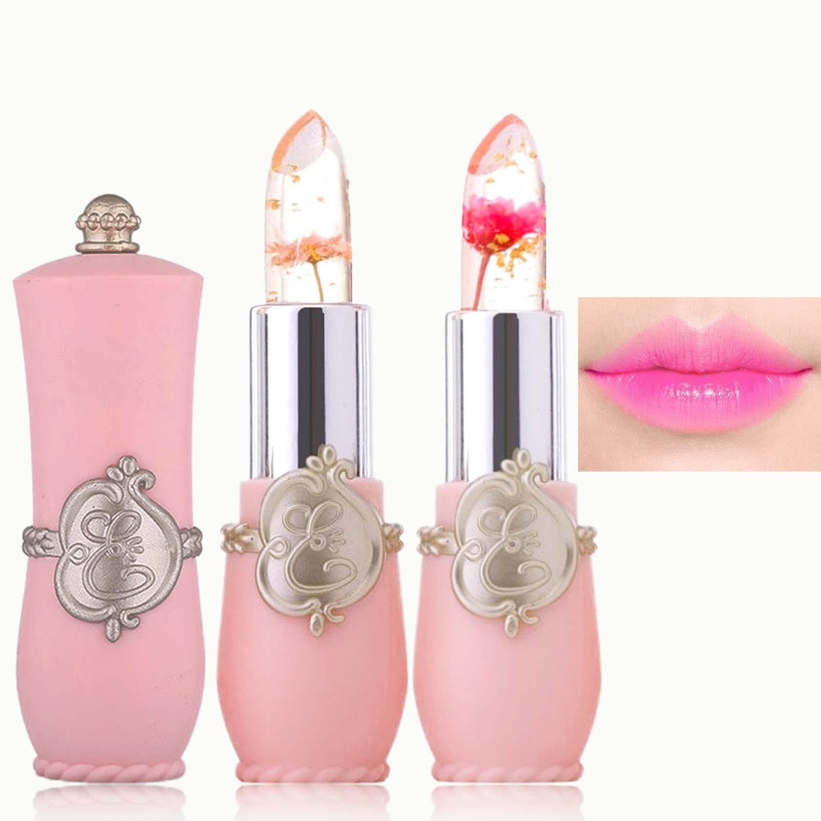 2PCS Crystal Flower Jelly Lipstick,Clear Lipstick with Flower Inside Magic PH Temperature Color Changing Tinted Lip Balm,Long Lasting Waterproof Moisturizing Lip Gloss Set(01+02)