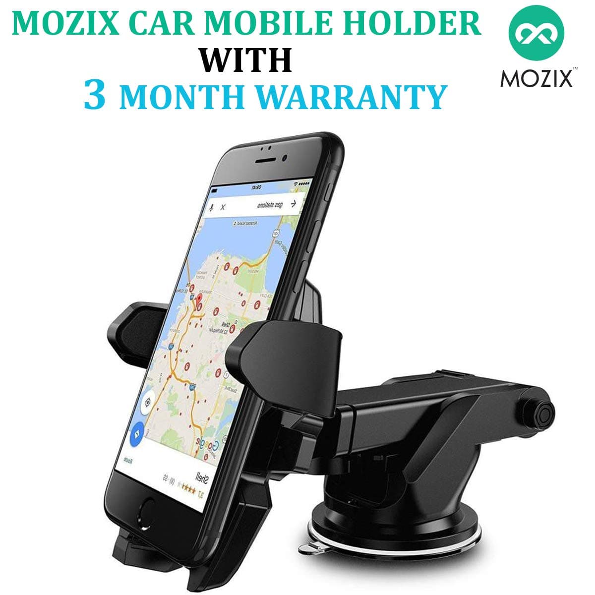 MOZIX Car Mobile Holder/Stand Adjustable with Windshield/Dashboard/Working Desk Mount with Quick One Touch Technology for Mobile Phones (Black, MXCST0130)
