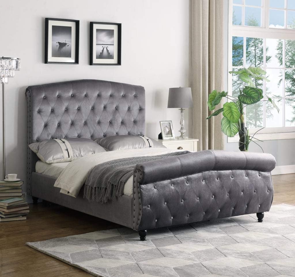 Brand New, Bedzonline, Shiny Velvet, Rochelles Bed Frame in Pewter, 4FT6 Standard UK Double Size