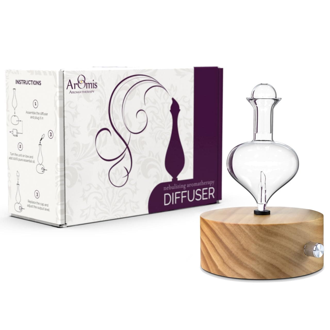 ArOmis Premium Glass Essential Oils Nebulizer - Waterless Diffuser for Aromatherapy - Handmade Oil Diffuser, Wooden Base, No Plastic, No Heat, No Battery, No LEDs - Solum Lux Eros