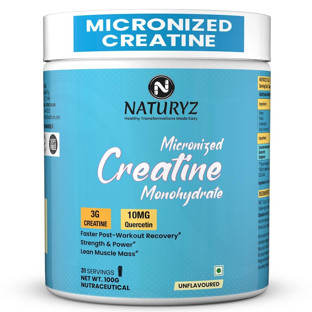 NATURYZ Pure Micronized Creatine Monohydrate | Rapid Absorption | Quercetin | Muscle Strength & Power for Intense Workout | Supports Athletic Performance | Enhances Lean Muscle Volume - 100g(Unflavoured)